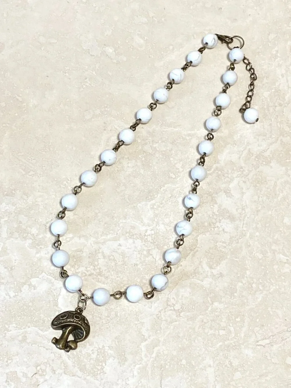 Genuine White Magnesite Short Necklace, Natural Gemstone & Bronze Round Mushroom - Picture 7 of 14